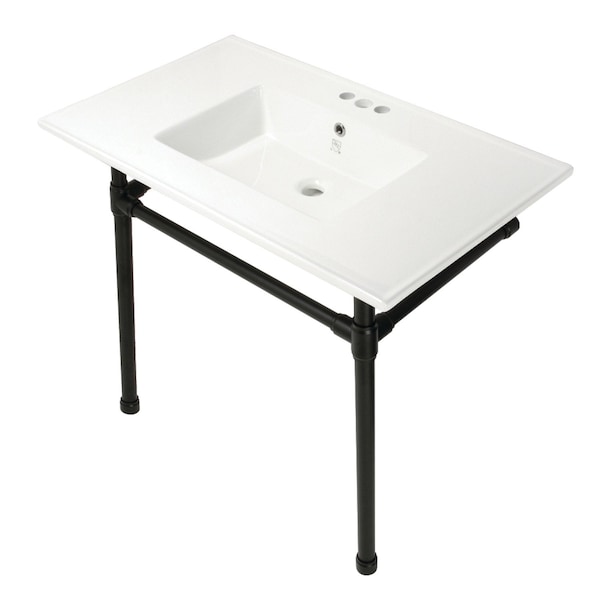 Fauceture KVPB37227W40 37-Inch Console Sink with Stainless Steel Legs (4-Inch, 3 Hole), White/Matte Black KVPB37227W40 - main
